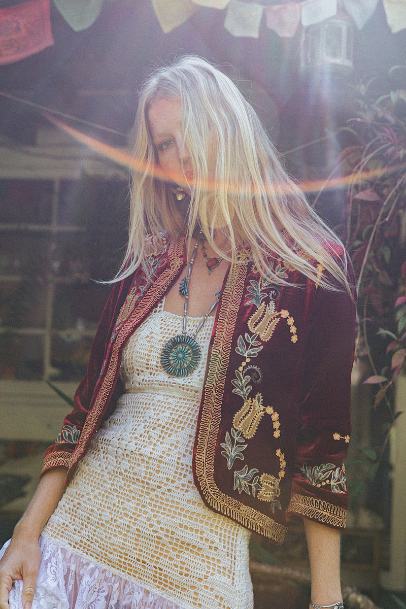 Midnight Rambler Cropped Velvet Jacket - Wine - Chasing Unicorns