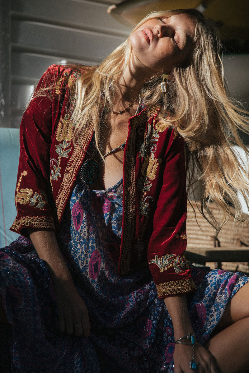 Midnight Rambler Cropped Velvet Jacket - Wine - Chasing Unicorns