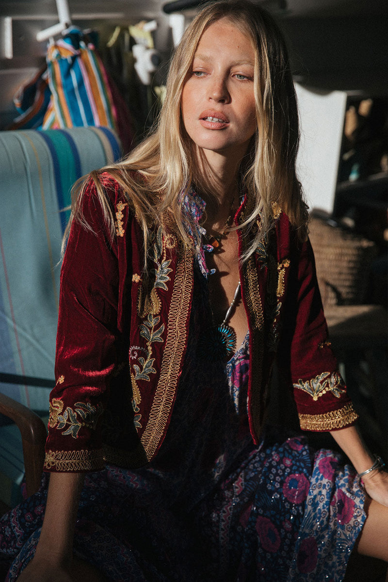 Midnight Rambler Cropped Velvet Jacket - Wine - Chasing Unicorns