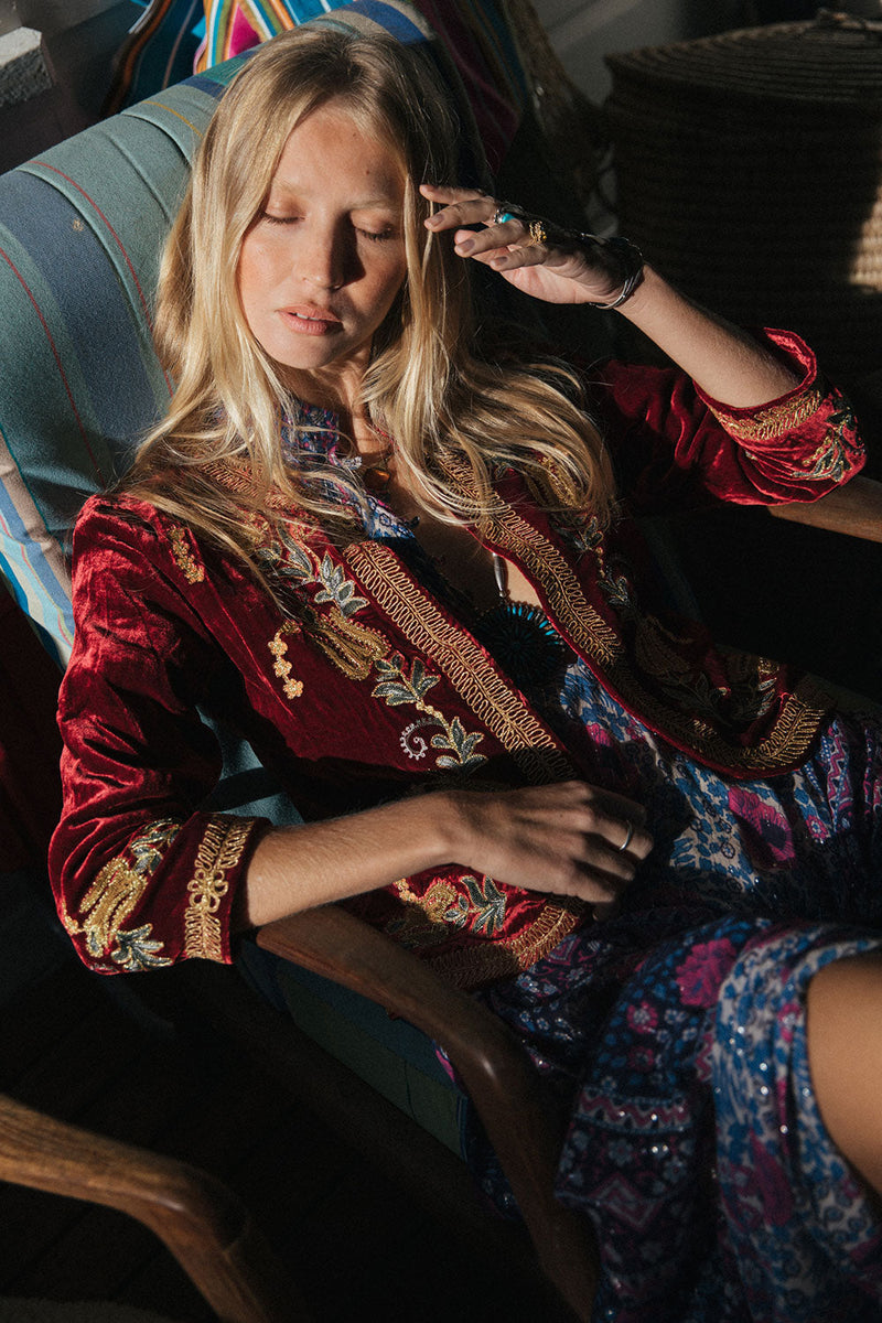 Midnight Rambler Cropped Velvet Jacket - Wine - Chasing Unicorns