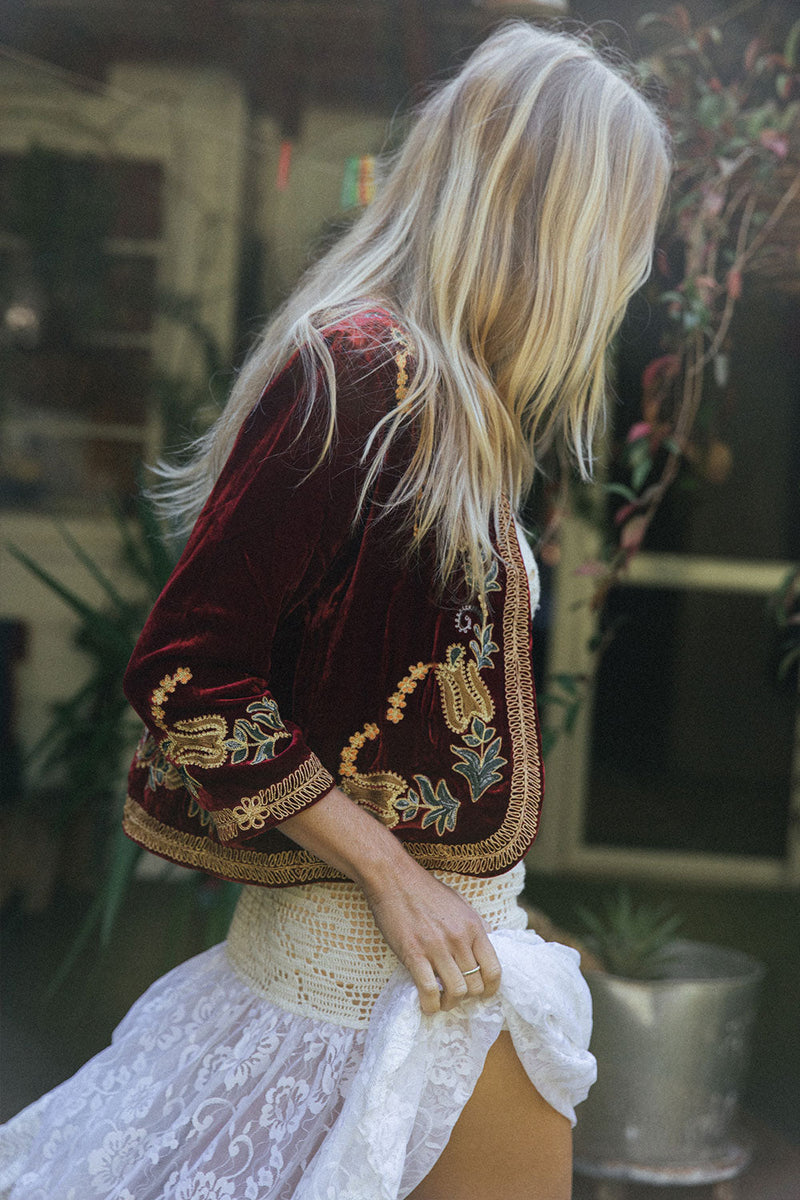 Midnight Rambler Cropped Velvet Jacket - Wine - Chasing Unicorns