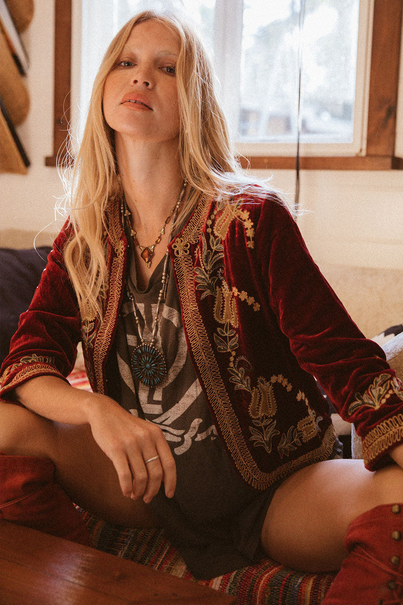 Midnight Rambler Cropped Velvet Jacket - Wine - Chasing Unicorns