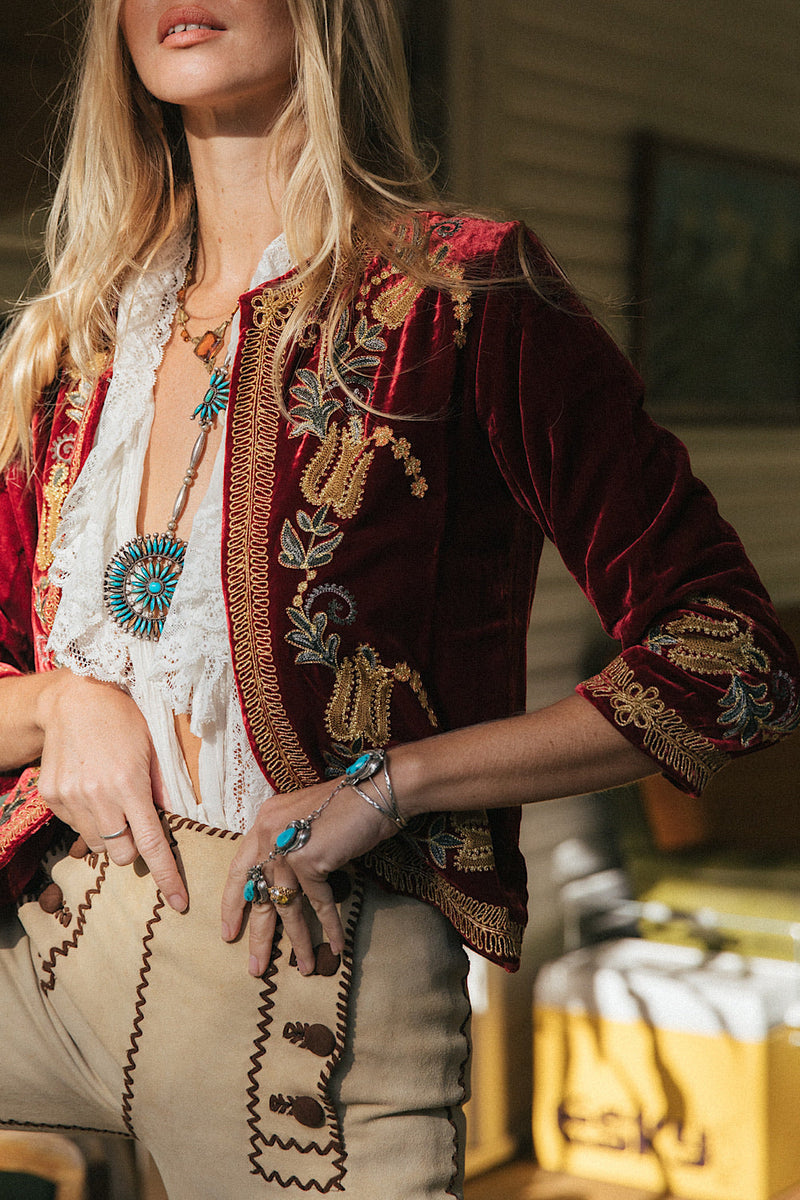 Midnight Rambler Cropped Velvet Jacket - Wine - Chasing Unicorns