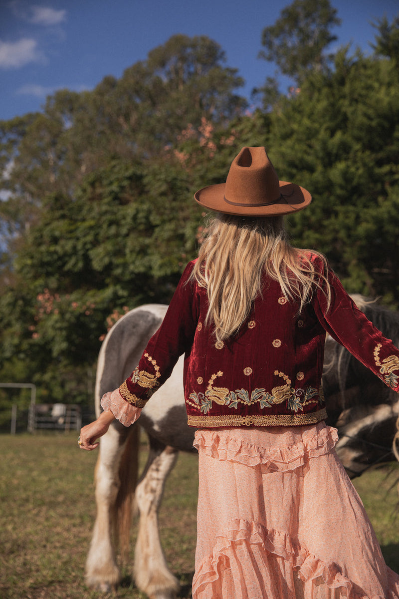 Midnight Rambler Cropped Velvet Jacket - Wine - Chasing Unicorns