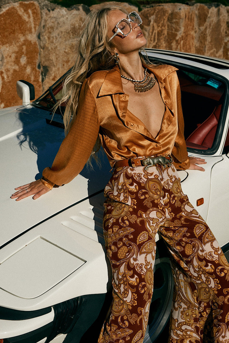 Midnight Special Textural Silk Satin Blouse - Caramel - Chasing Unicorns