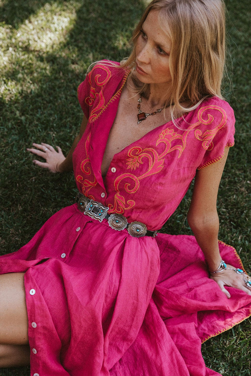 Mississippi Queen Embroidered Midi Dress - Bougainvillea - Chasing Unicorns