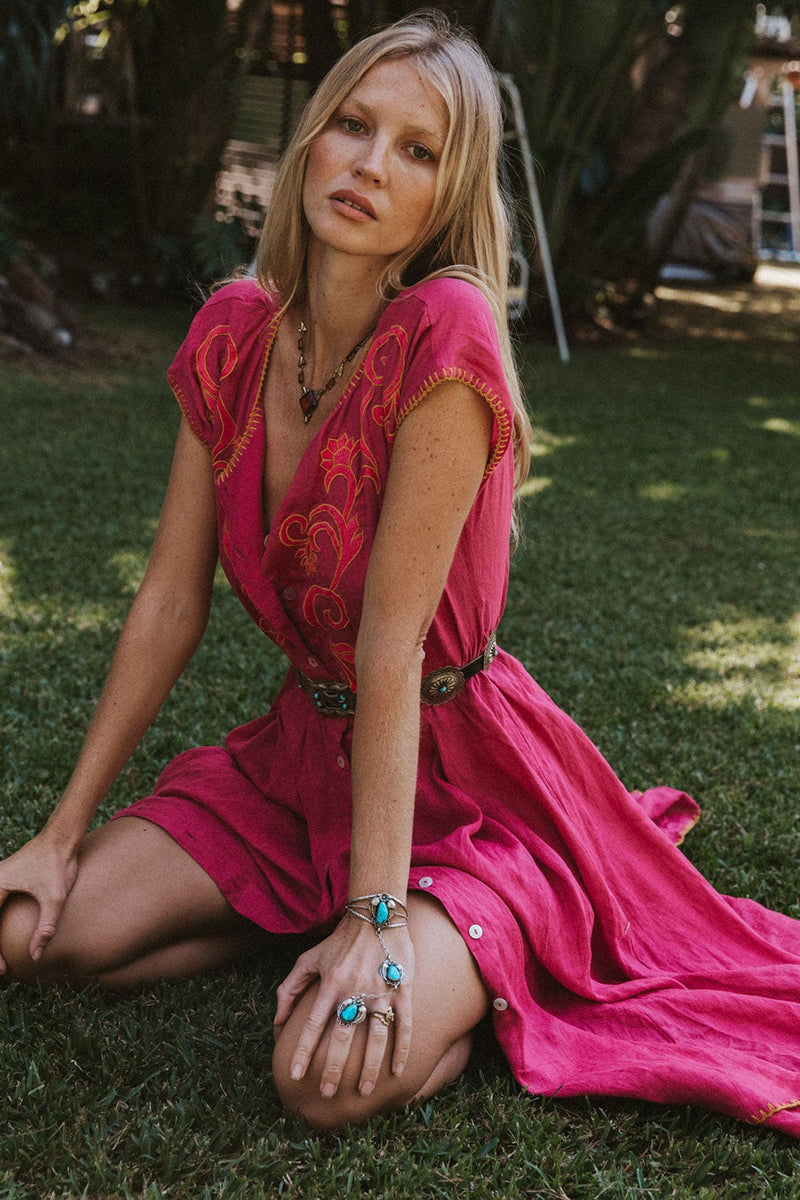 Mississippi Queen Embroidered Midi Dress - Bougainvillea - Chasing Unicorns