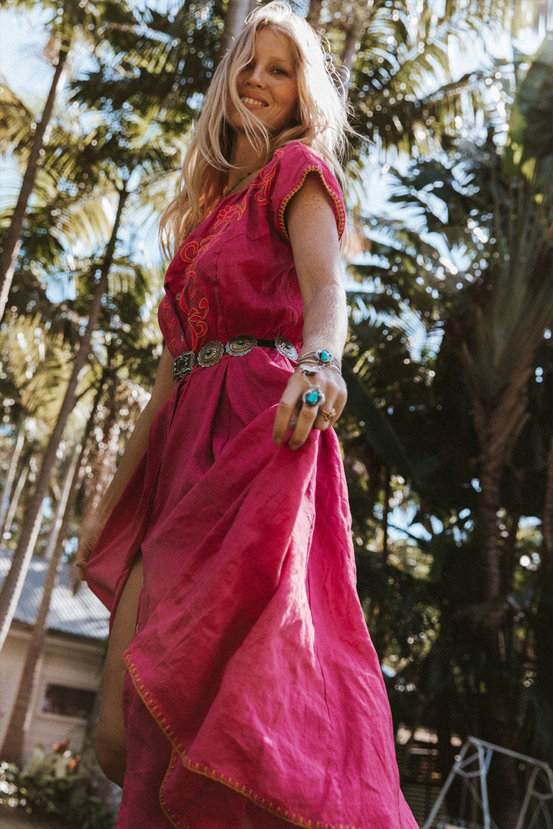 Mississippi Queen Embroidered Midi Dress - Bougainvillea - Chasing Unicorns