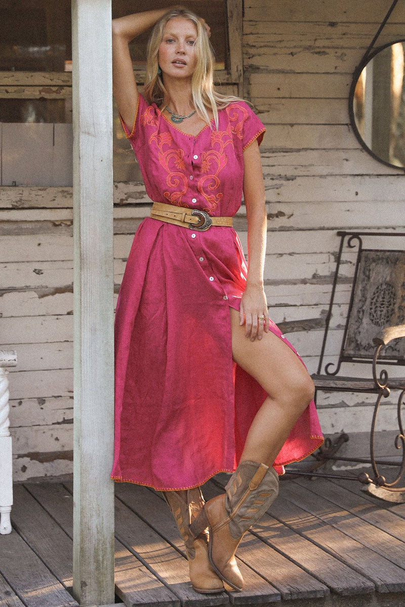 Mississippi Queen Embroidered Midi Dress - Bougainvillea - Chasing Unicorns