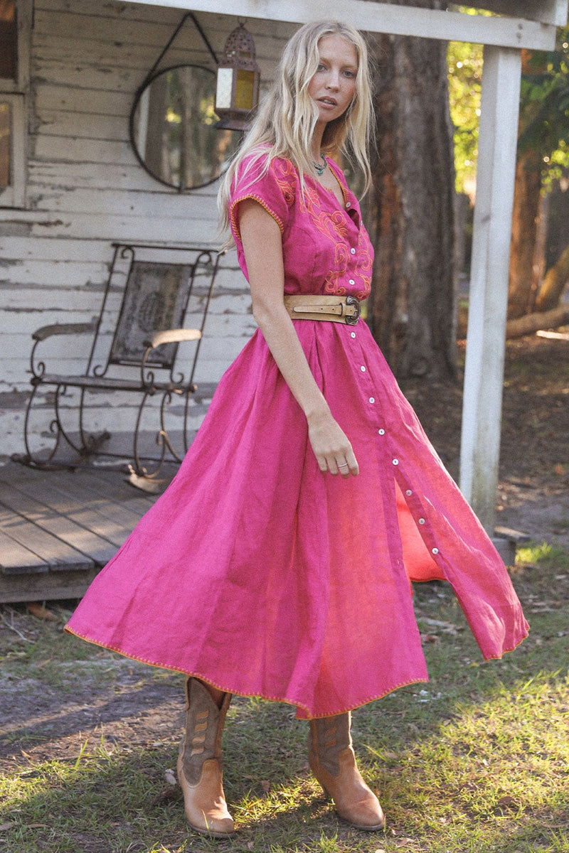 Mississippi Queen Embroidered Midi Dress - Bougainvillea - Chasing Unicorns