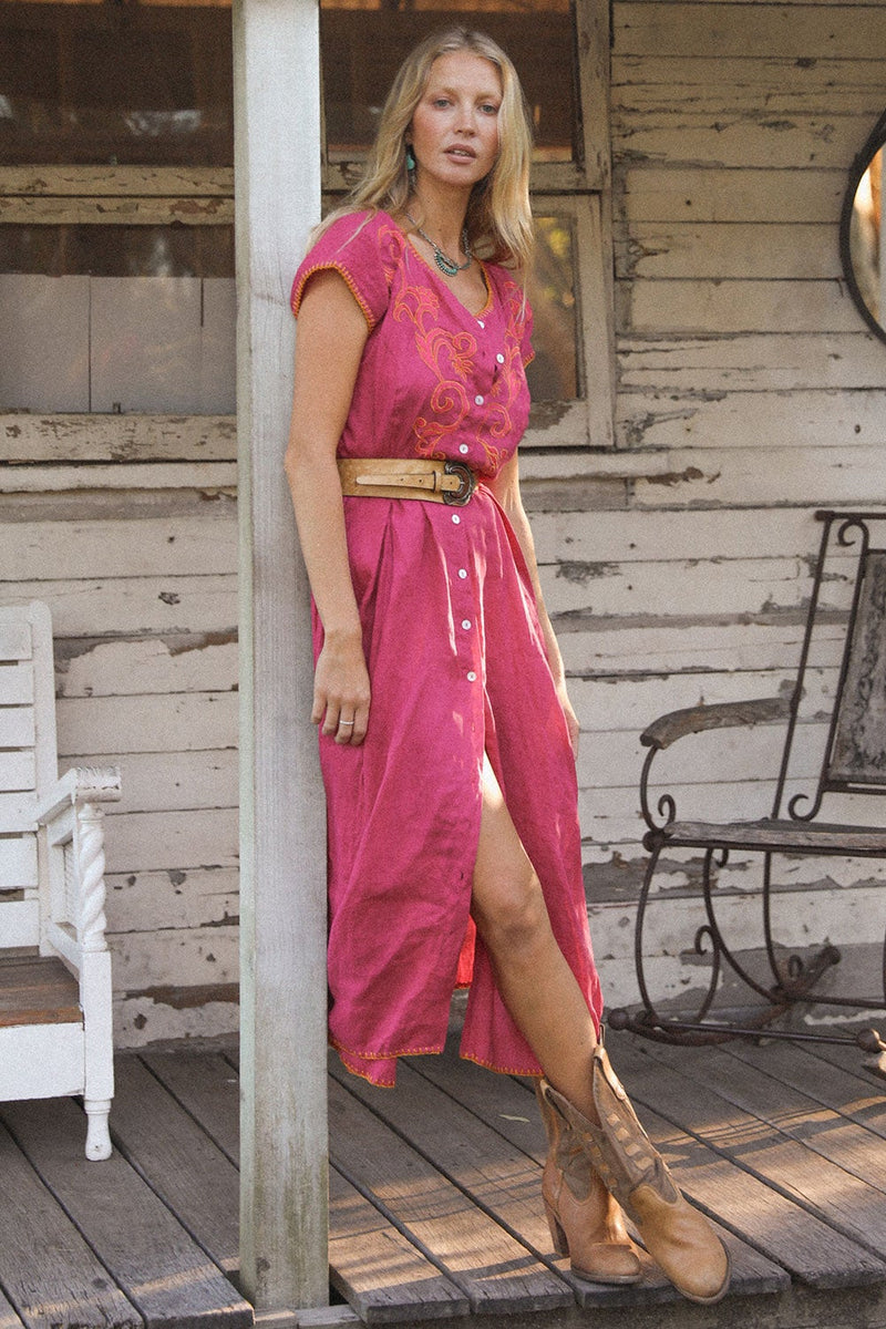 Mississippi Queen Embroidered Midi Dress - Bougainvillea - Chasing Unicorns