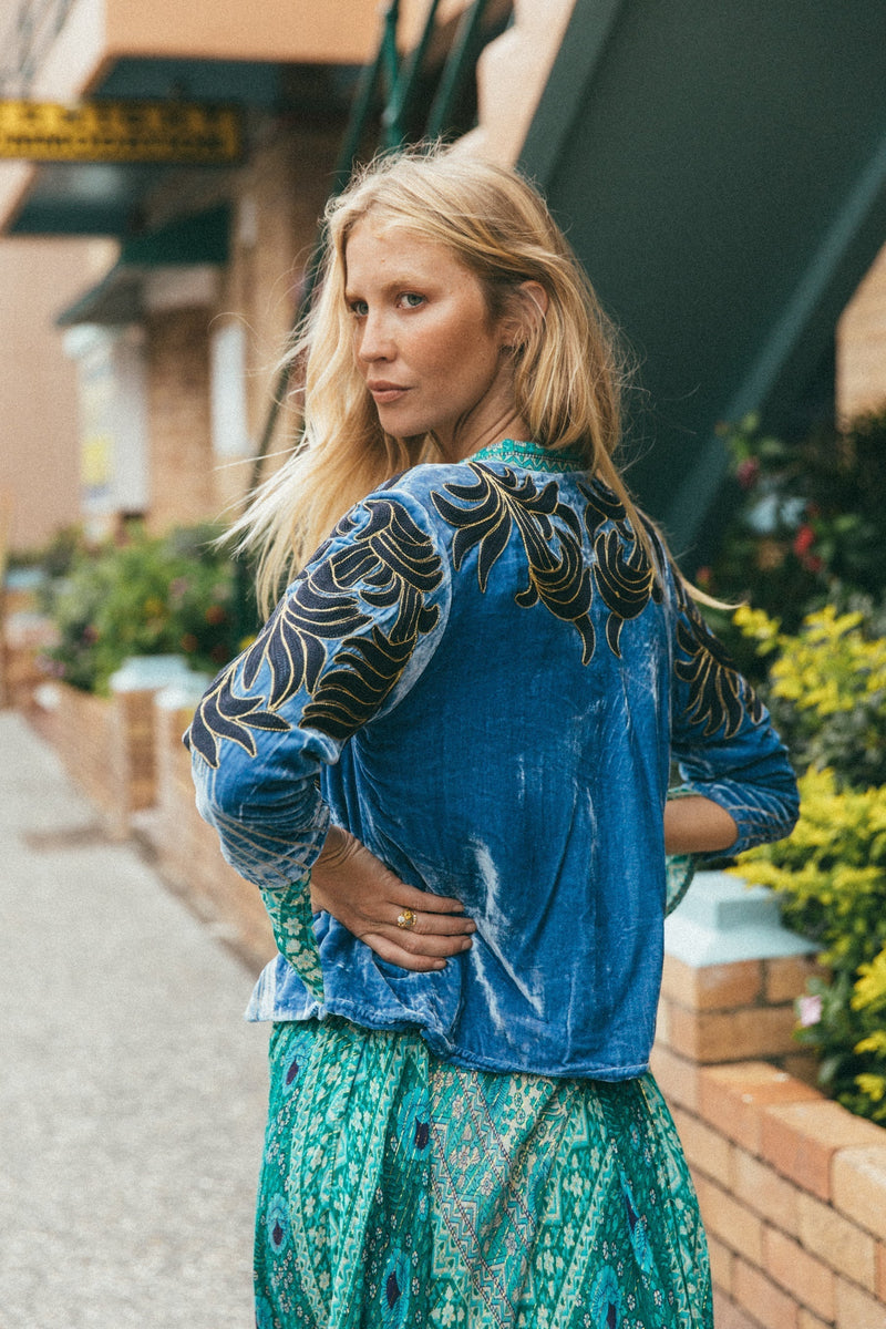 Movin’ On Up Cropped Velvet Jacket- Provence - Chasing Unicorns