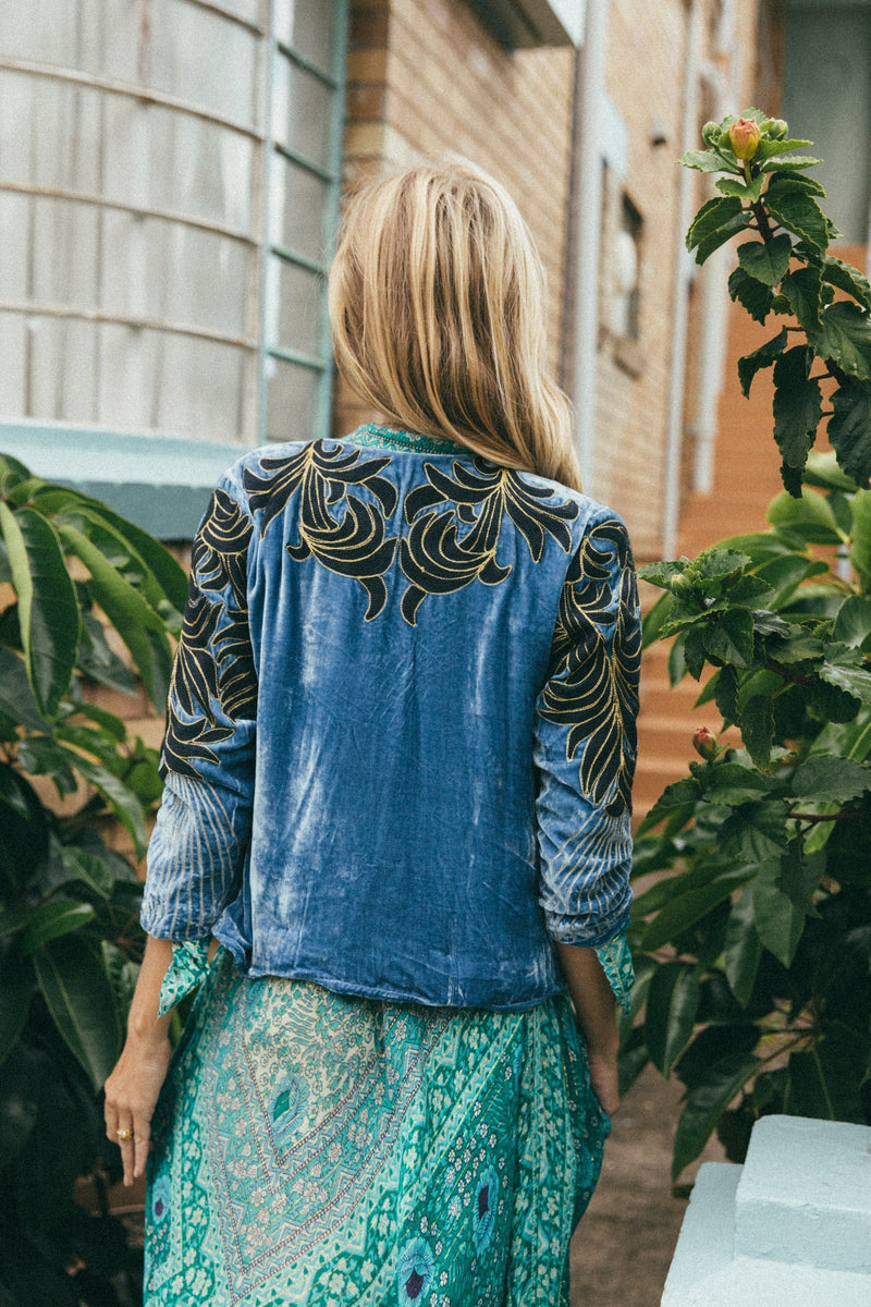 Movin’ On Up Cropped Velvet Jacket- Provence - Chasing Unicorns