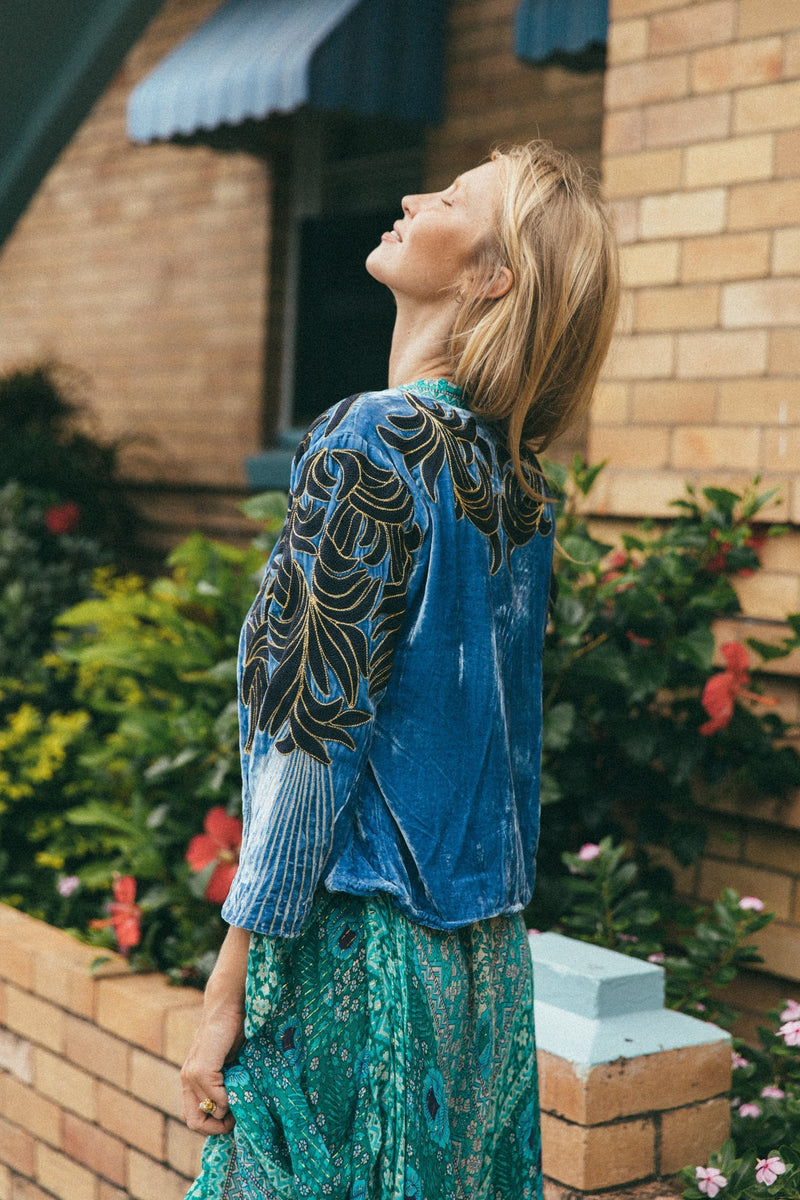 Movin’ On Up Cropped Velvet Jacket- Provence - Chasing Unicorns