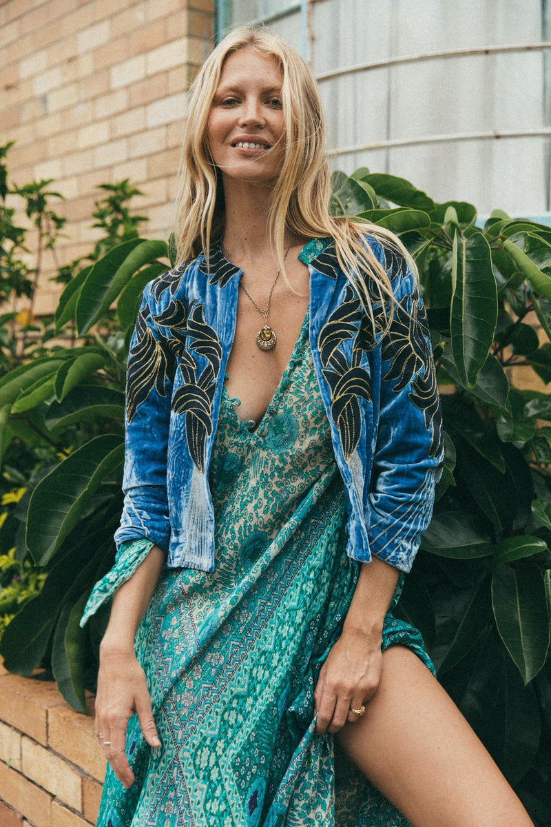 Movin’ On Up Cropped Velvet Jacket- Provence - Chasing Unicorns