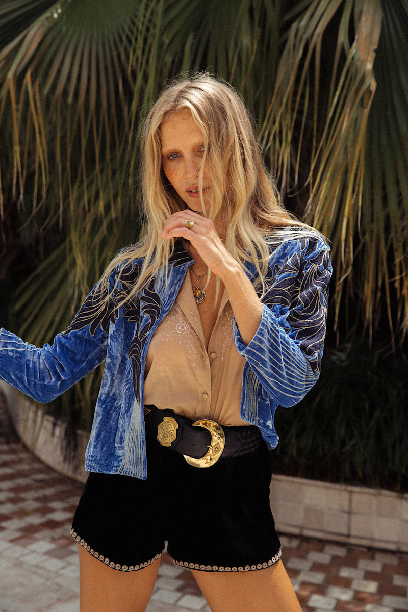 Movin’ On Up Cropped Velvet Jacket- Provence - Chasing Unicorns