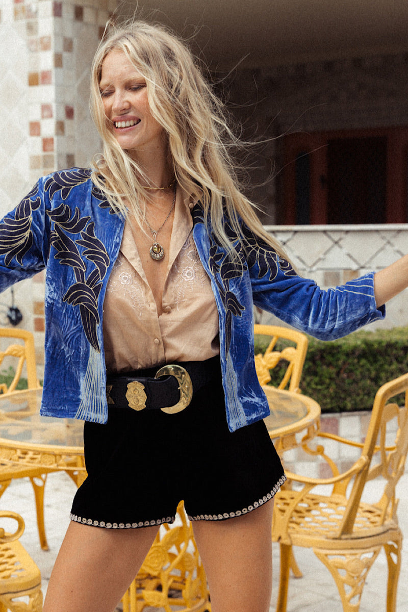 Movin’ On Up Cropped Velvet Jacket- Provence - Chasing Unicorns