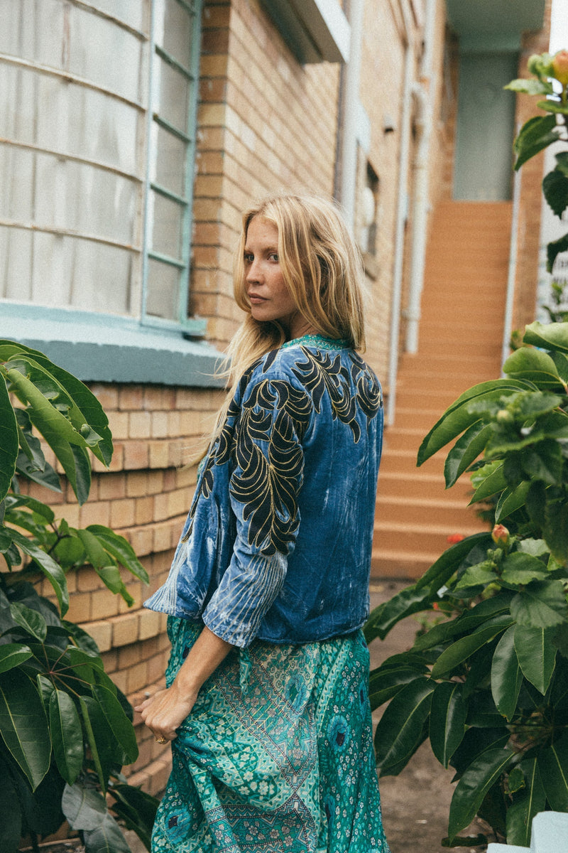 Movin’ On Up Cropped Velvet Jacket- Provence - Chasing Unicorns