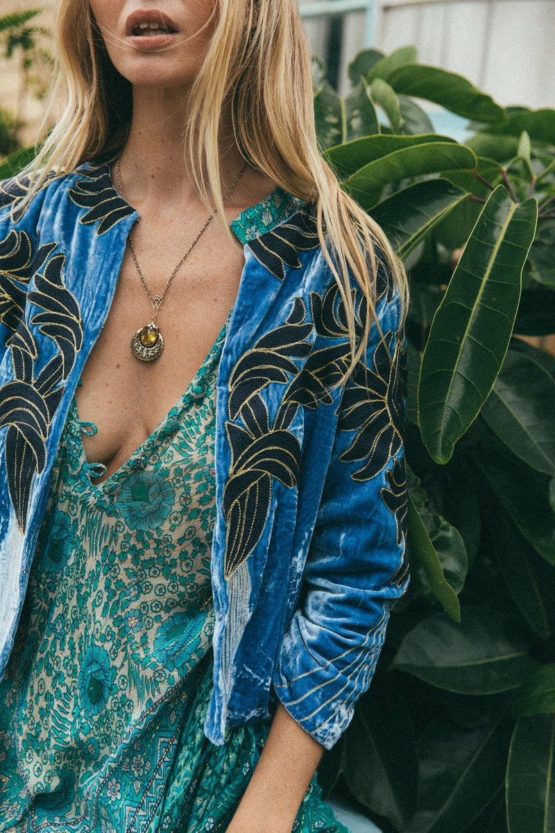 Movin’ On Up Cropped Velvet Jacket- Provence - Chasing Unicorns