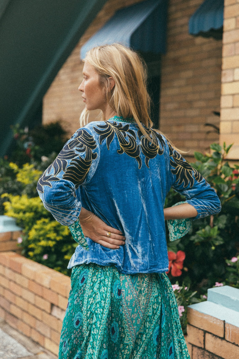 Movin’ On Up Cropped Velvet Jacket- Provence - Chasing Unicorns