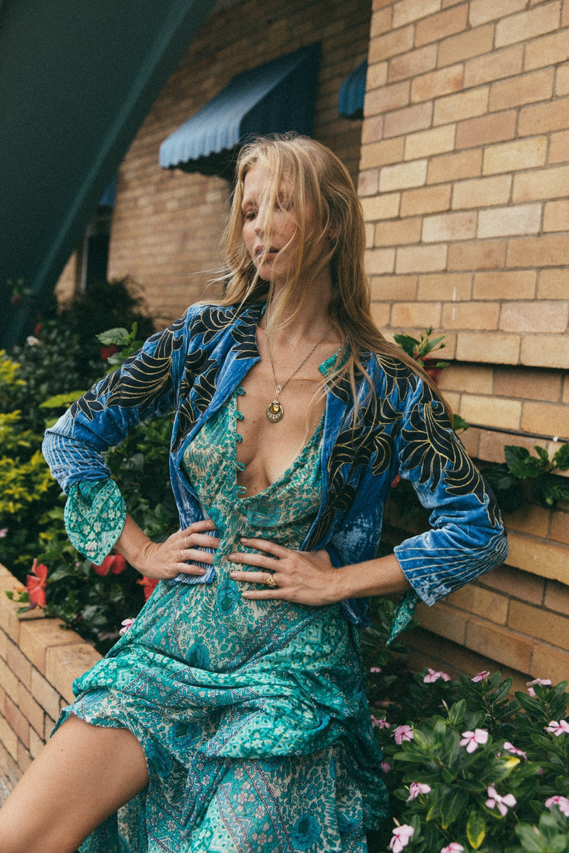 Movin’ On Up Cropped Velvet Jacket- Provence - Chasing Unicorns