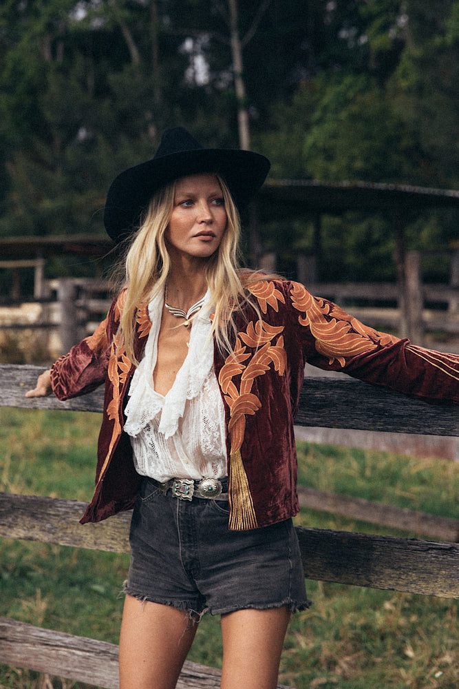 Movin’ On Up Cropped Velvet Jacket- Russet