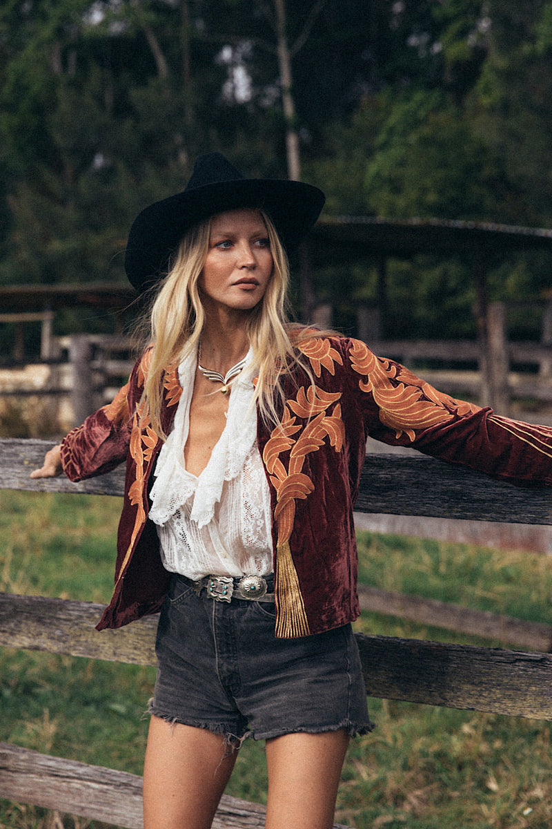 Movin’ On Up Cropped Velvet Jacket- Russet - Chasing Unicorns