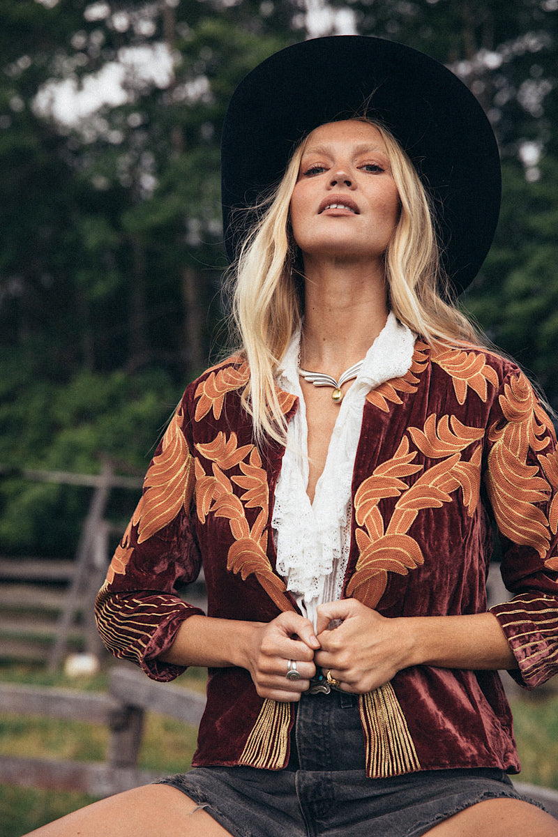 Movin’ On Up Cropped Velvet Jacket- Russet - Chasing Unicorns