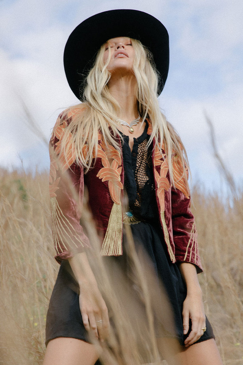 Movin’ On Up Cropped Velvet Jacket- Russet - Chasing Unicorns