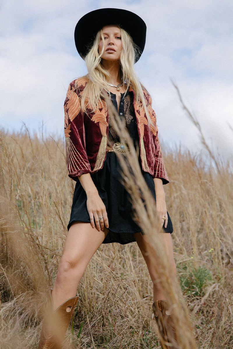 Movin’ On Up Cropped Velvet Jacket- Russet - Chasing Unicorns