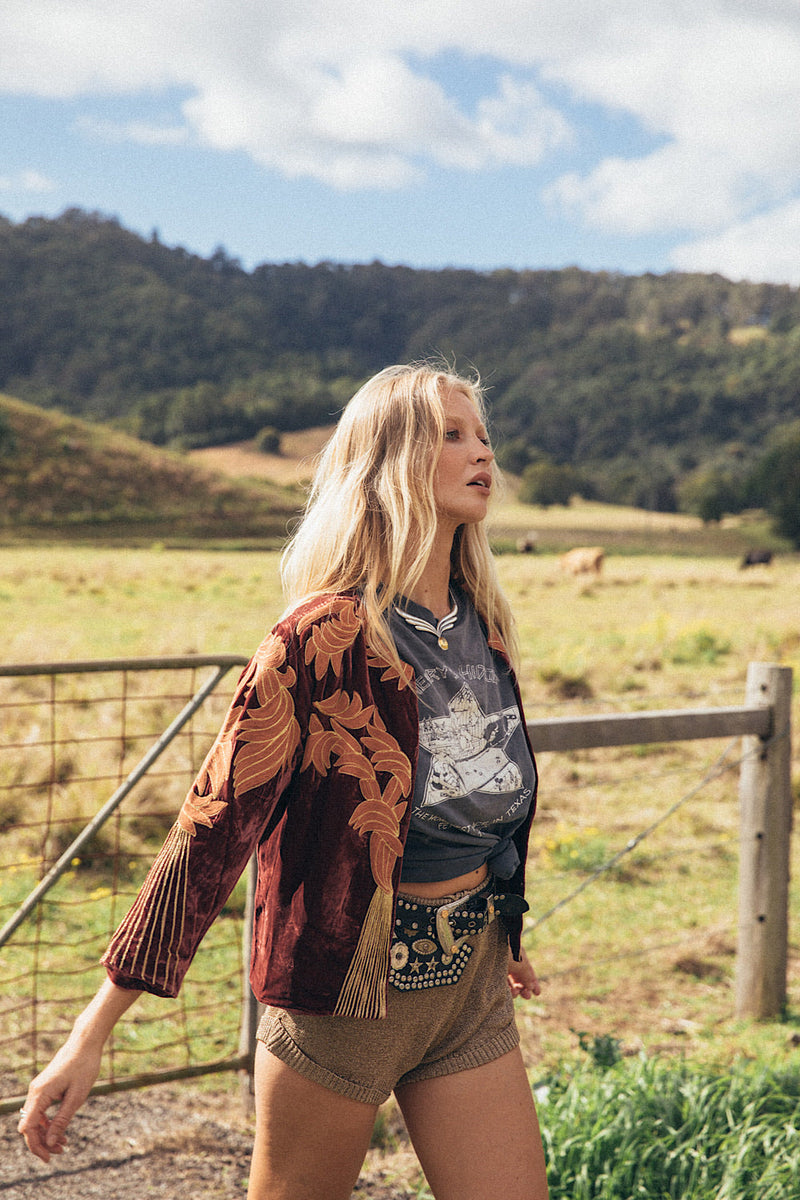 Movin’ On Up Cropped Velvet Jacket- Russet - Chasing Unicorns