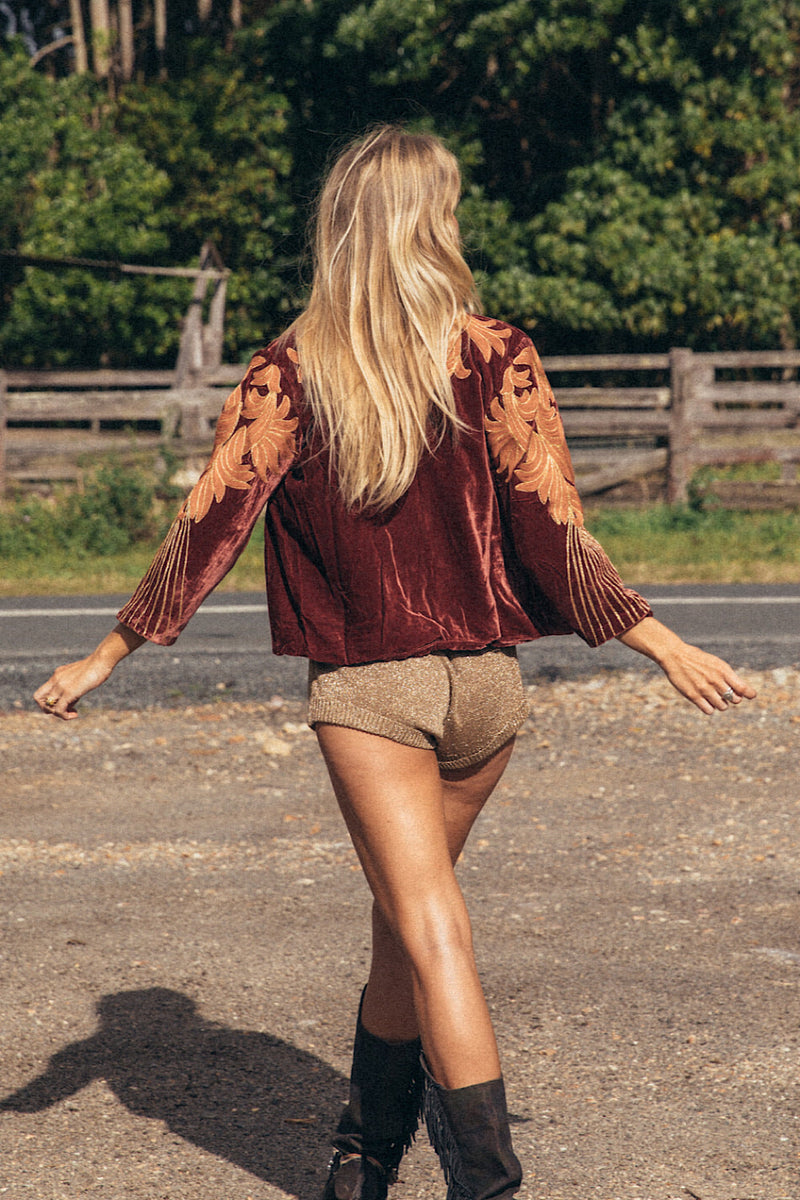 Movin’ On Up Cropped Velvet Jacket- Russet - Chasing Unicorns