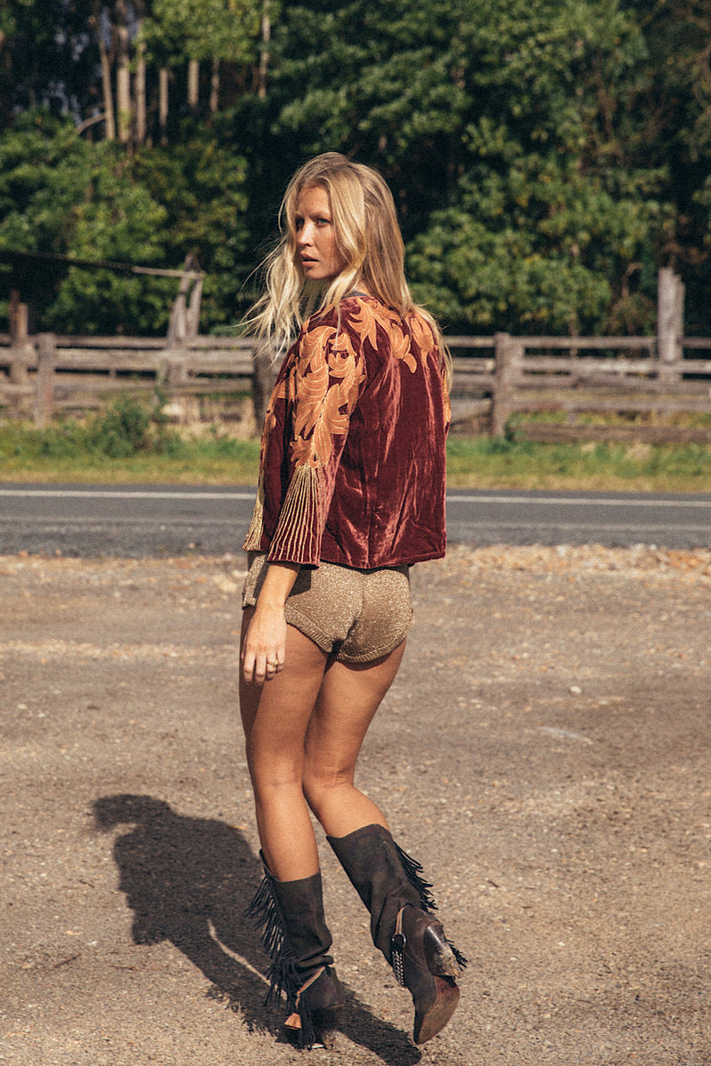 Movin’ On Up Cropped Velvet Jacket- Russet - Chasing Unicorns