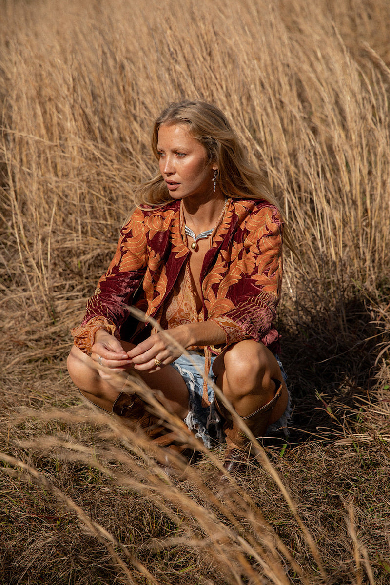 Movin’ On Up Cropped Velvet Jacket- Russet - Chasing Unicorns