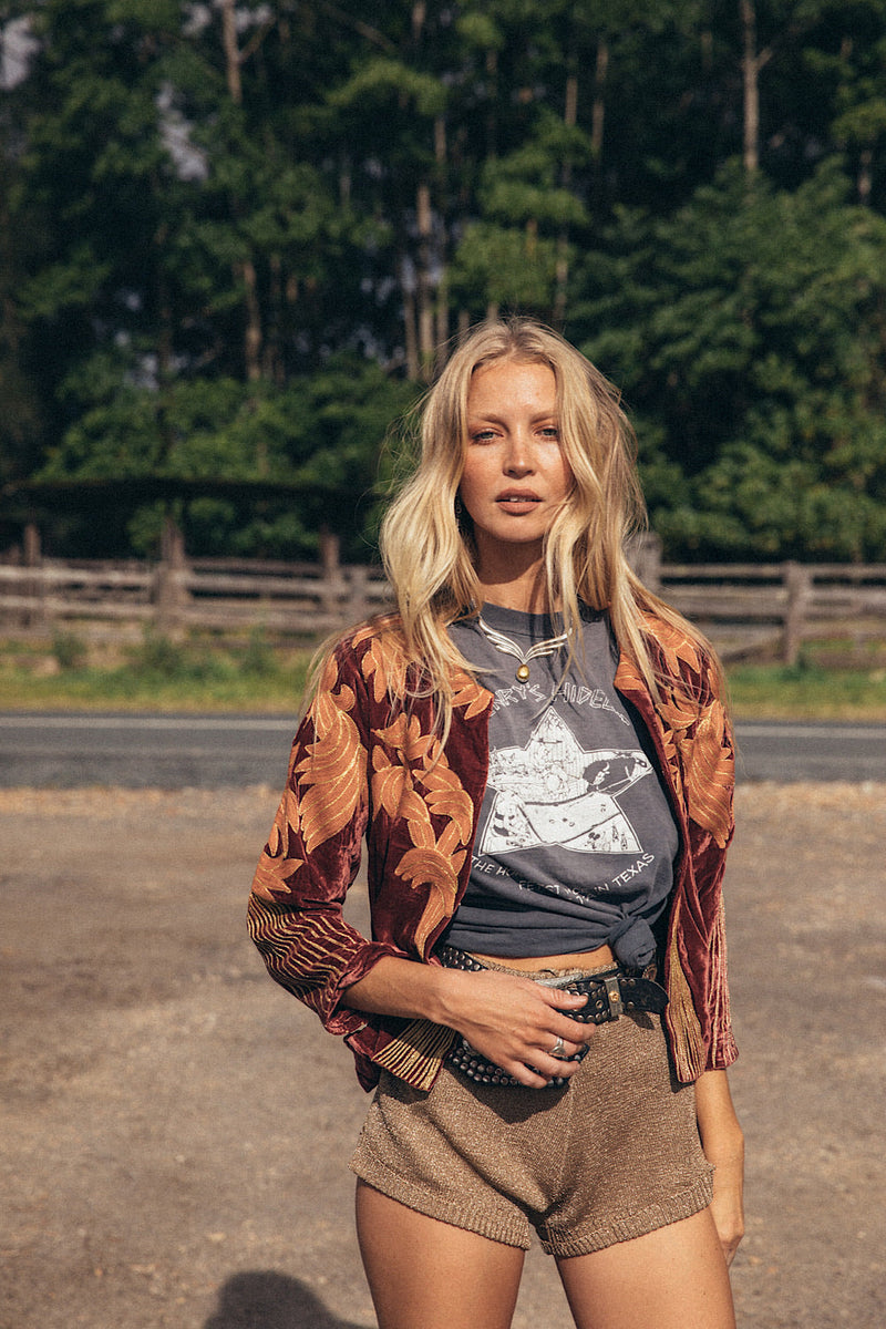 Movin’ On Up Cropped Velvet Jacket- Russet - Chasing Unicorns