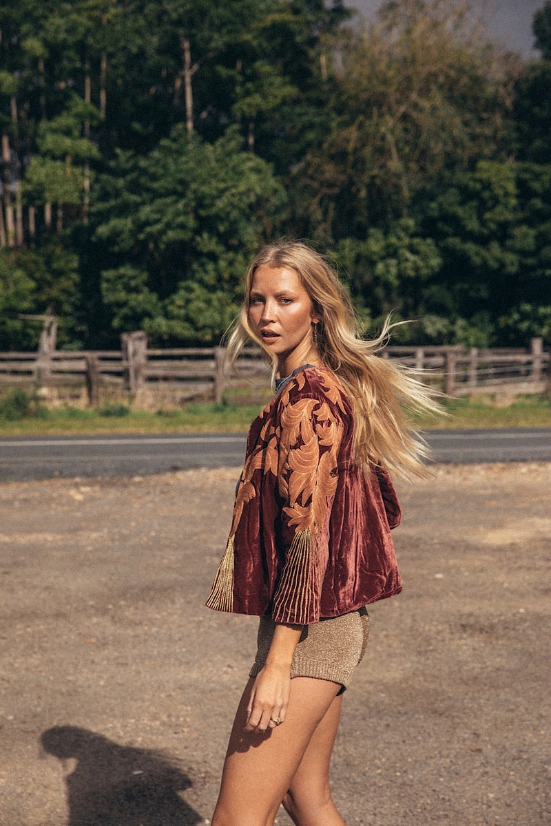 Movin’ On Up Cropped Velvet Jacket- Russet - Chasing Unicorns