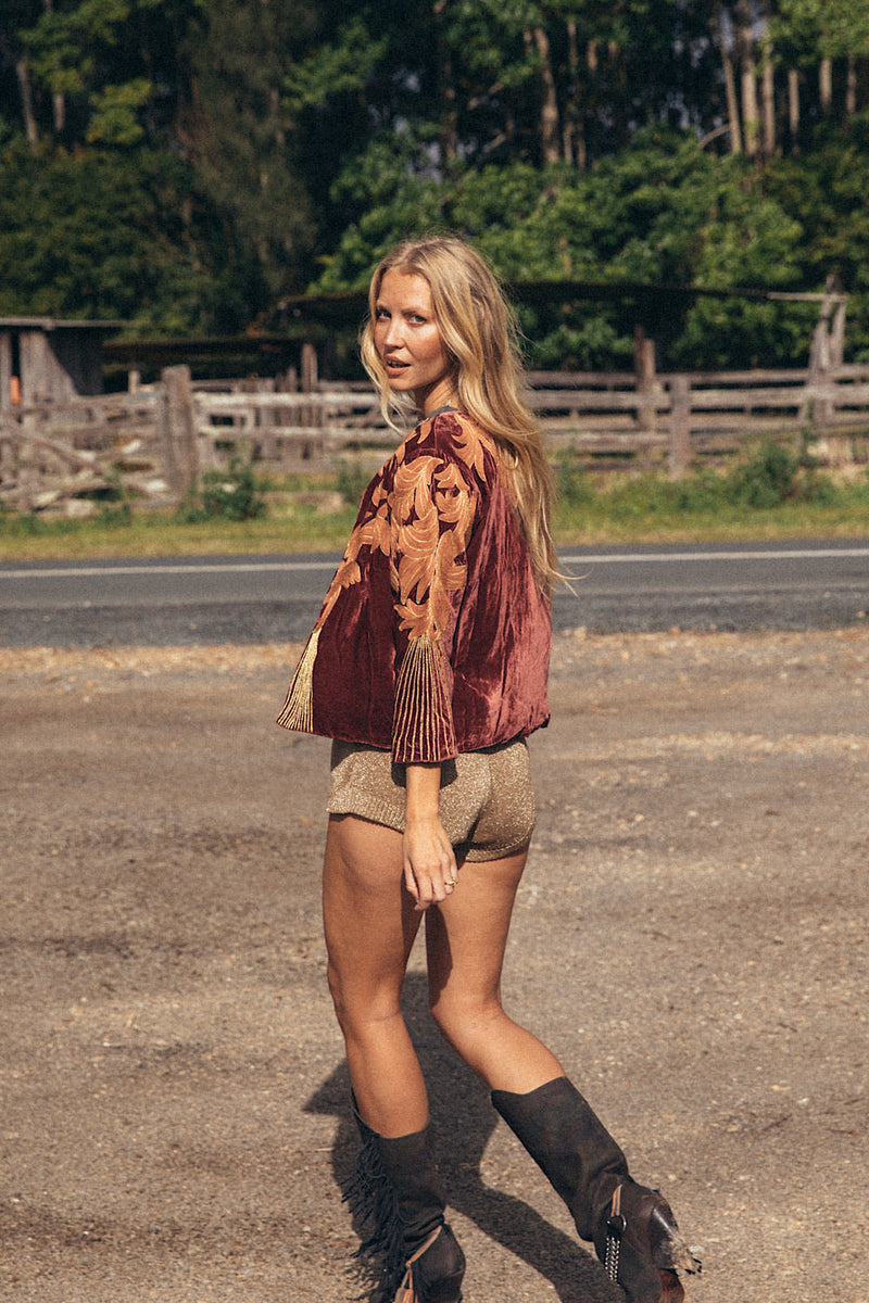 Movin’ On Up Cropped Velvet Jacket- Russet - Chasing Unicorns