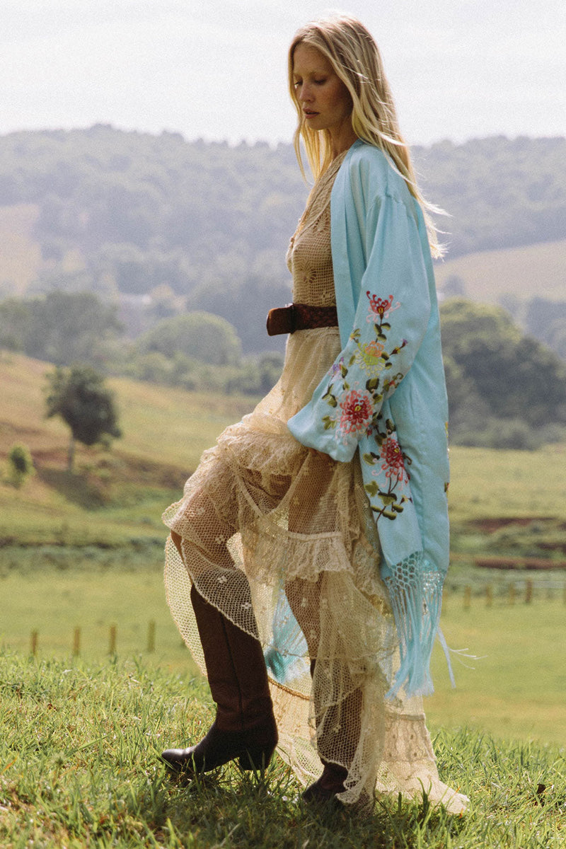 Mystery Dance Silk Kimono - Turquoise - Chasing Unicorns