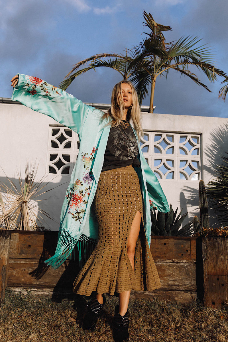 Mystery Dance Silk Kimono - Turquoise - Chasing Unicorns