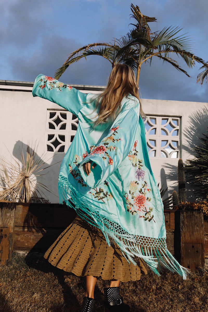 Mystery Dance Silk Kimono - Turquoise - Chasing Unicorns