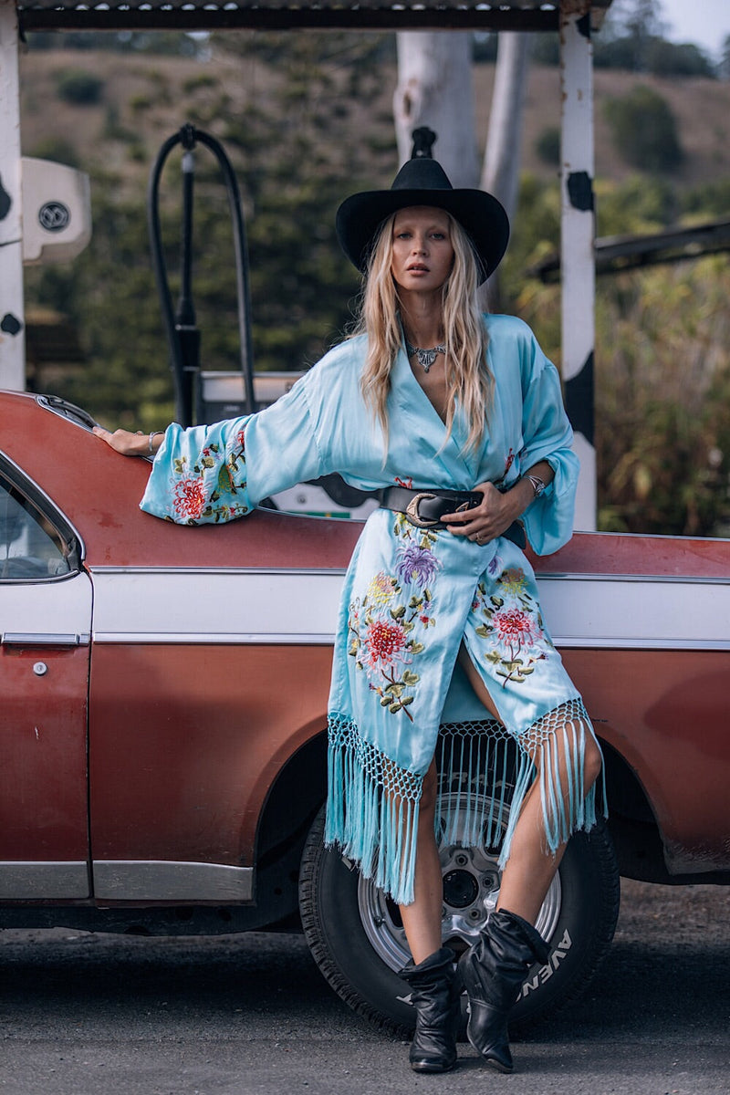 Mystery Dance Silk Kimono - Turquoise - Chasing Unicorns