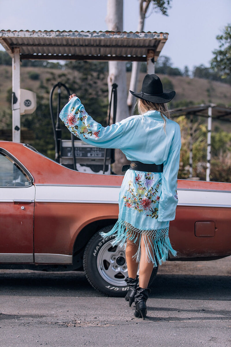 Mystery Dance Silk Kimono - Turquoise - Chasing Unicorns