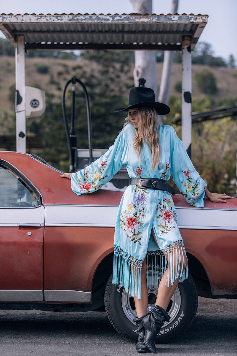 Mystery Dance Silk Kimono - Turquoise - Chasing Unicorns