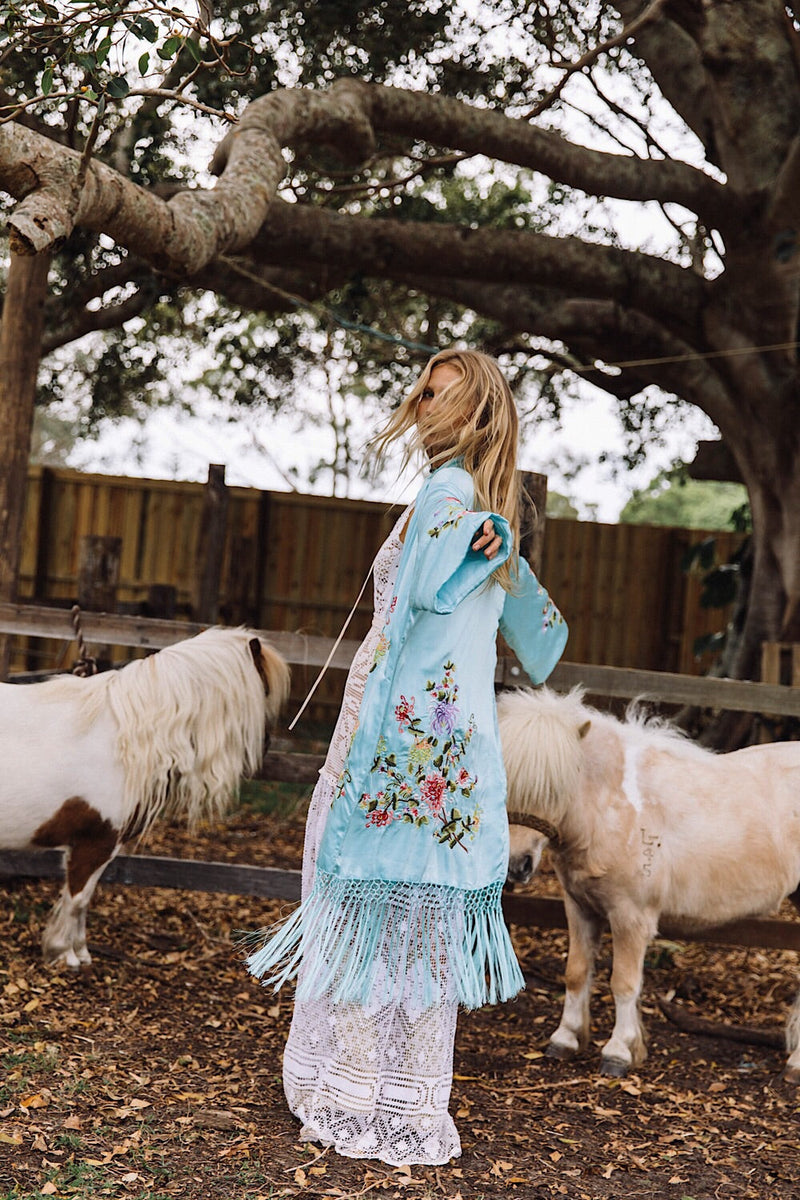 Mystery Dance Silk Kimono - Turquoise - Chasing Unicorns