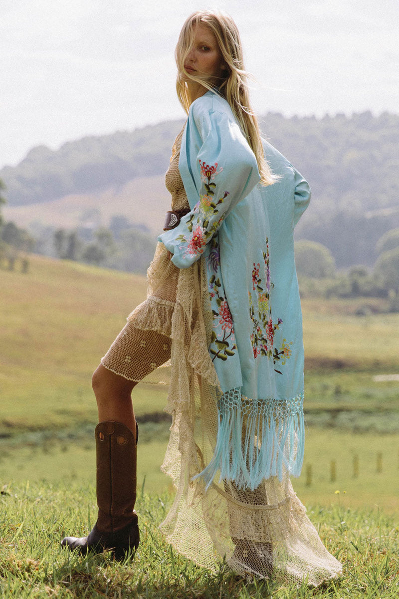 Mystery Dance Silk Kimono - Turquoise - Chasing Unicorns