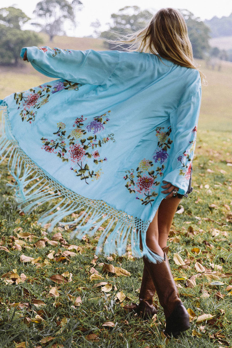Mystery Dance Silk Kimono - Turquoise - Chasing Unicorns