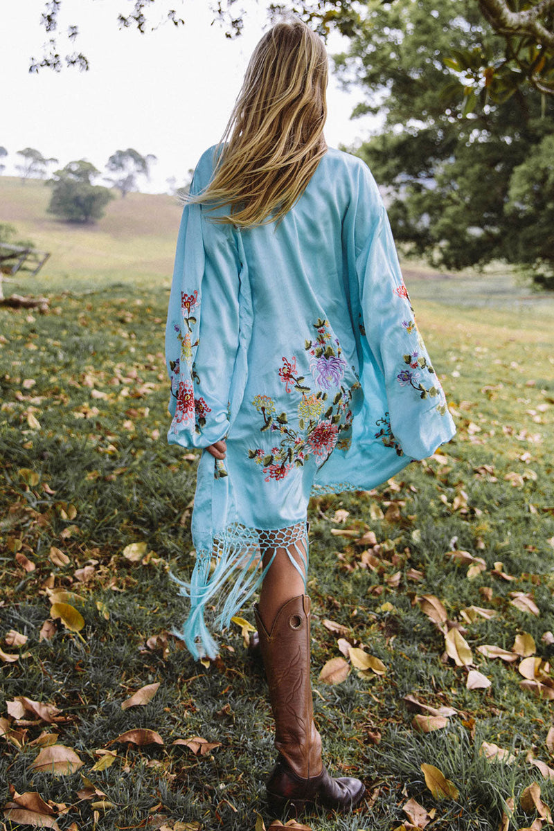 Mystery Dance Silk Kimono - Turquoise - Chasing Unicorns