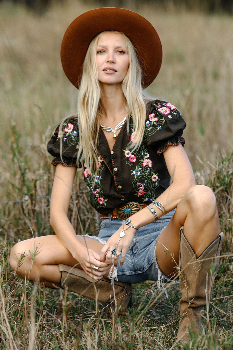 Mystic Of The East Embroidered Short Sleeve Gauze  Blouse - Chasing Unicorns