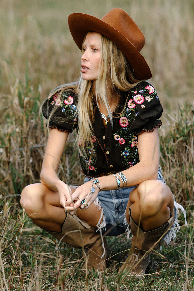 Mystic Of The East Embroidered Short Sleeve Gauze  Blouse - Chasing Unicorns