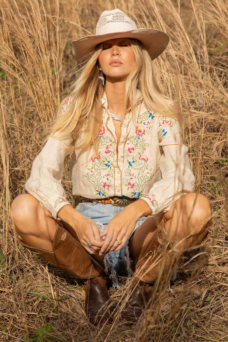 Mystic Of The East Linen + Embroidered Long Sleeve Blouse - Chasing Unicorns